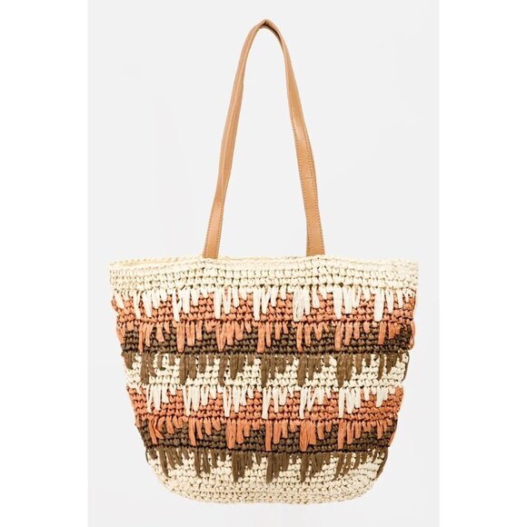 Fame Straw Braided Striped Tote Bag - Picture 1 of 4